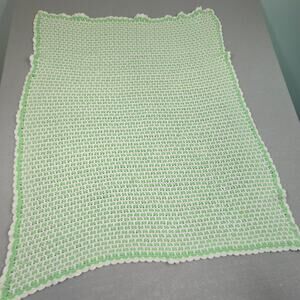 Crochet Baby Blanket Afghan Mint Green & White w/Border Measures Approx 37x43